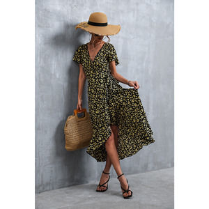 Boho Ditsy Floral V-Neck Asymmetrical Wrapped Dress